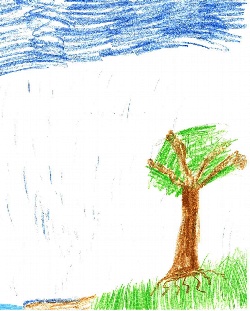 Pauls Bild nach der ersten Behandlung: Baum im Regen mit kräftigem Stamm und Wurzeln